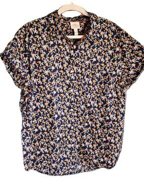 St. John's Bay Navy & Oranges Print Button-Down Shirt - Women's Size Large